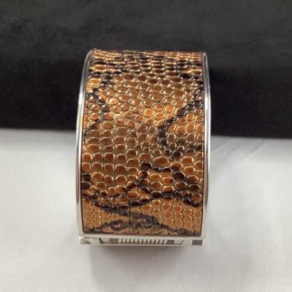Brown Faux Reptile Silvertone Hinge Cuff Bracelet - Picture 14 of 14